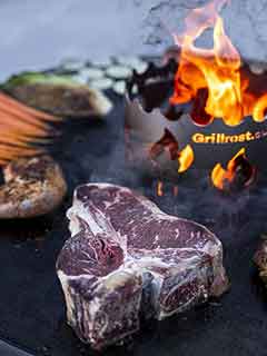Carne a la brasa en una placa de fuego de un barril de jardÃ­n Grillrost, en Amazon.