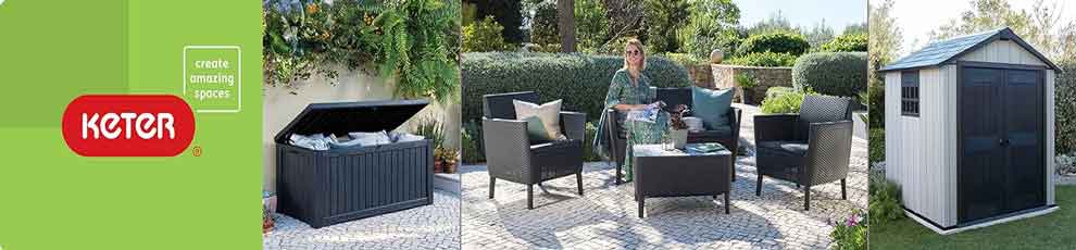 Keter y Amazon. Muebles de jardín, soluciones de almacenamiento y macetas de exterior.